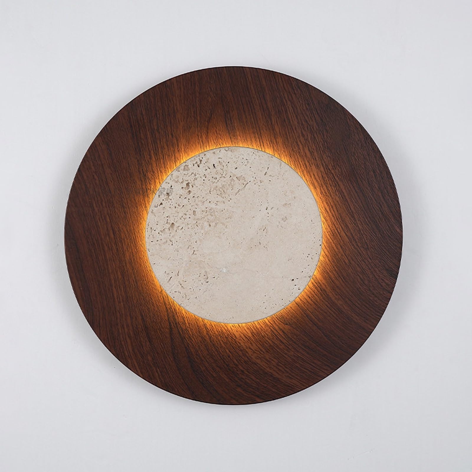 SMCCYYSD Mid Century Wall Sconce Walnut Texture Metal Lighting Wood Industrial Farmhouse Yellow Travertine Light Creative Round Lamp for Living Room Bedroom Bathroom