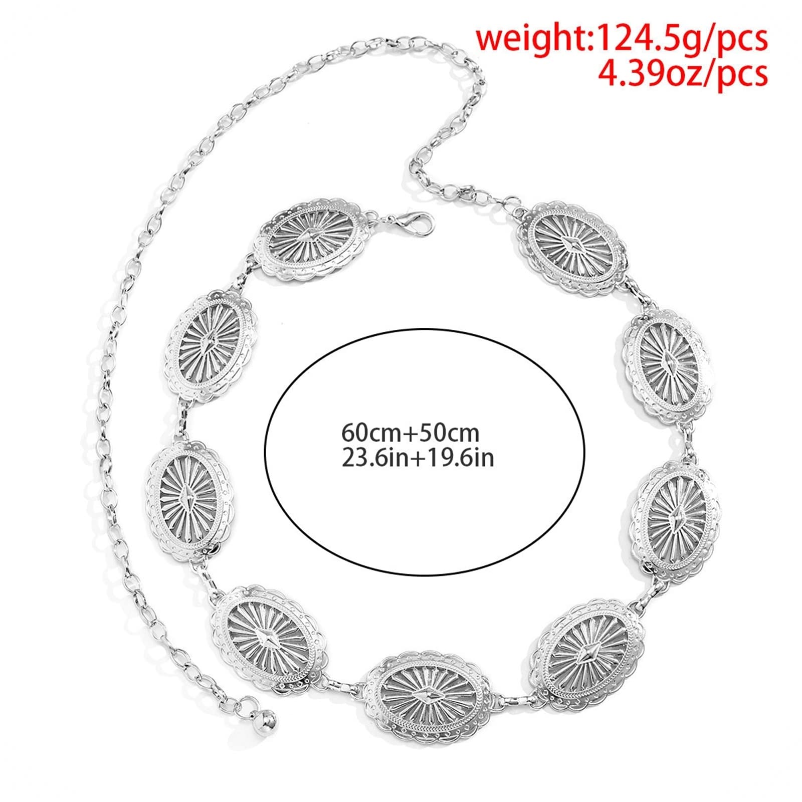 Cinture a Catena di Fiori Occidentali per Donna, Catene in Vita per Jeans placcate in Argento con Catena in Vita a Fiori Cavi 43 Pollici (110 cm)