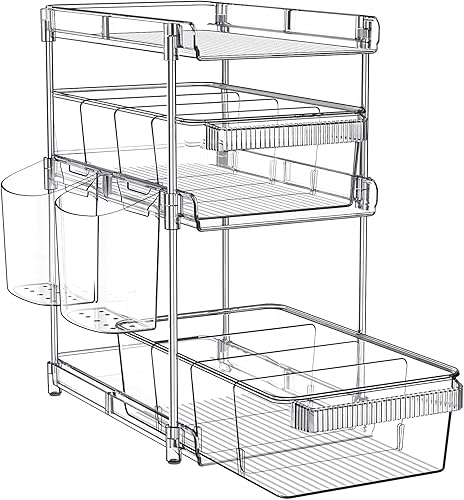 Organizadores de baño transparentes de 3 niveles, organizador extraíble y almacenamiento con 2 tazas, contenedor de almacenamiento deslizante con 6