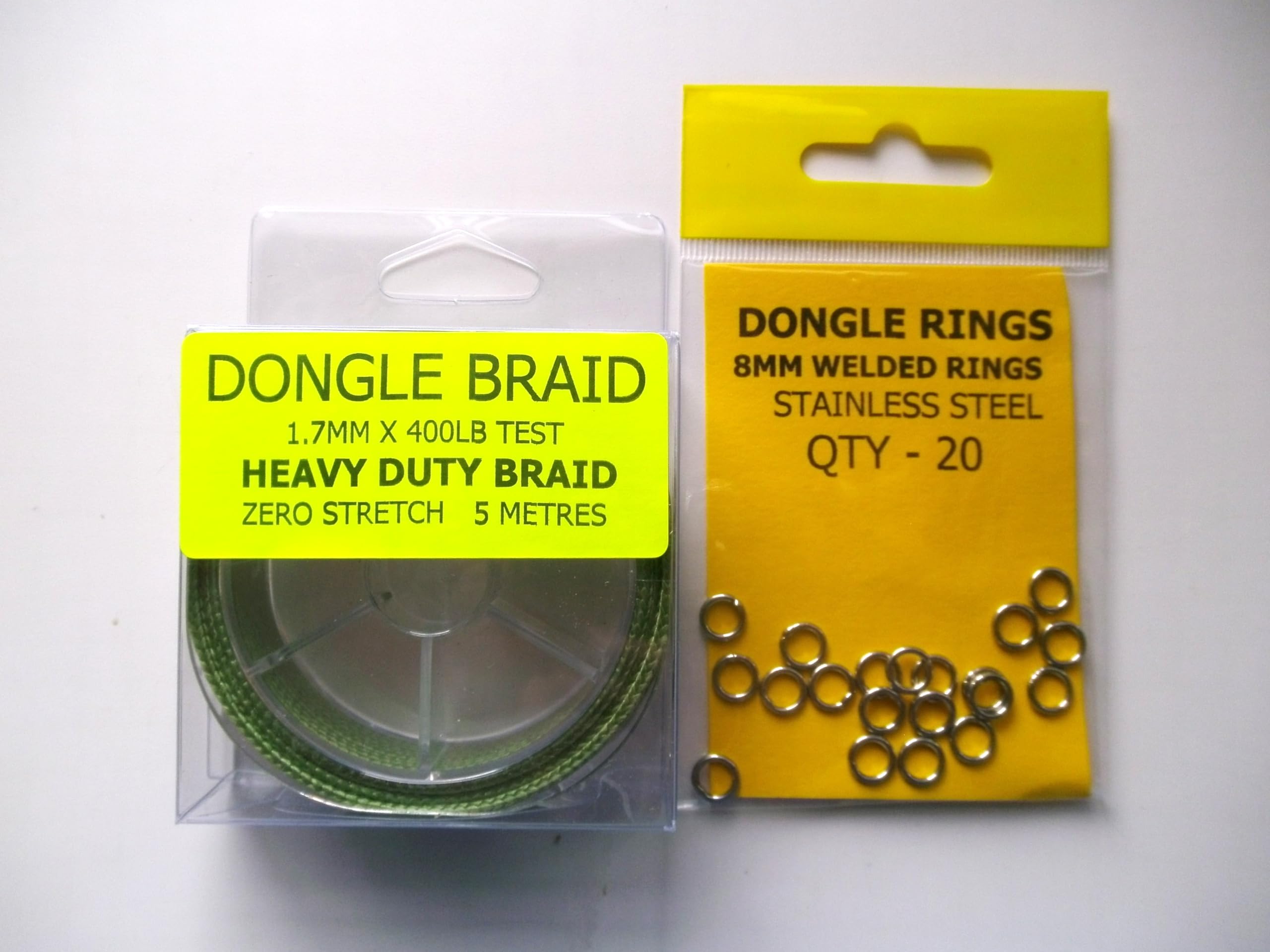 DINGLE DANGLE DONGLE BRAID - 5 Metres 400lb - 1.7mm Dia. NON STRETCH & 20 x 8mm RINGS
