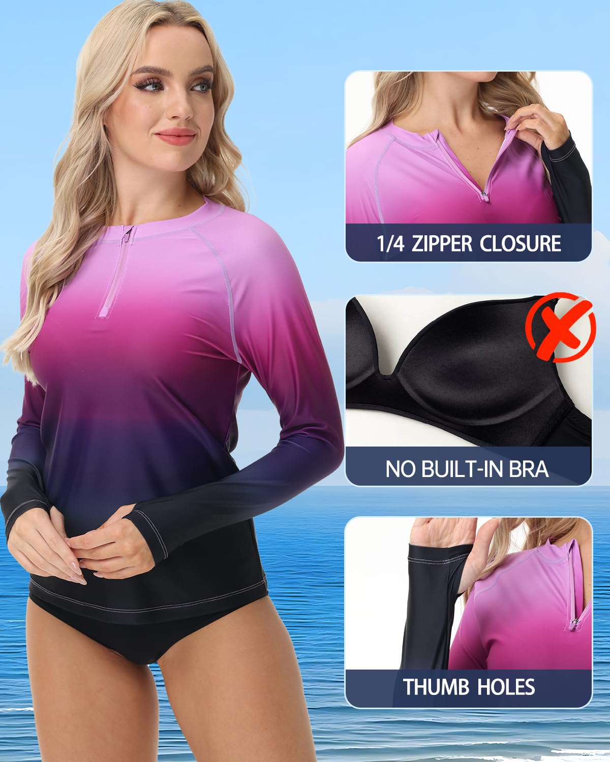 VAYAGER Rashguard Femme, Maillot de Bain à Manches Longues 1/4 Zip, Protection Solaire UV UPF 50+, Séchage Rapide, Haut de Natation pour Surf