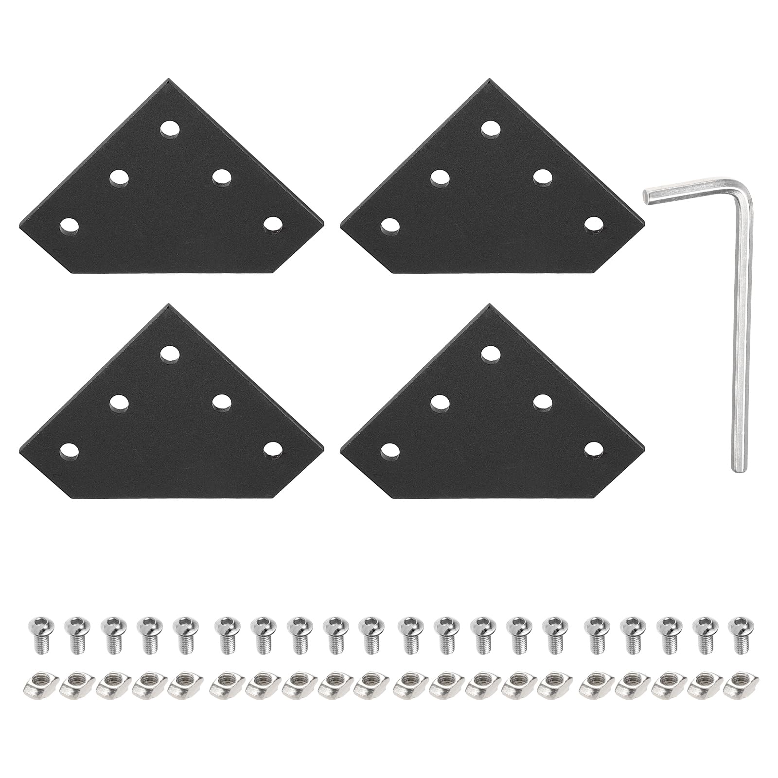 sourcing map 4 Sets L Shape Corner Bracket Connectors, 5 Holes 2020 Aluminum Extrusion Joint Plate with 20pcs M5 t Nuts, 20Pcs M5x10 Hex Socket Cap Screw and 1Pcs M4 Wrench, Black