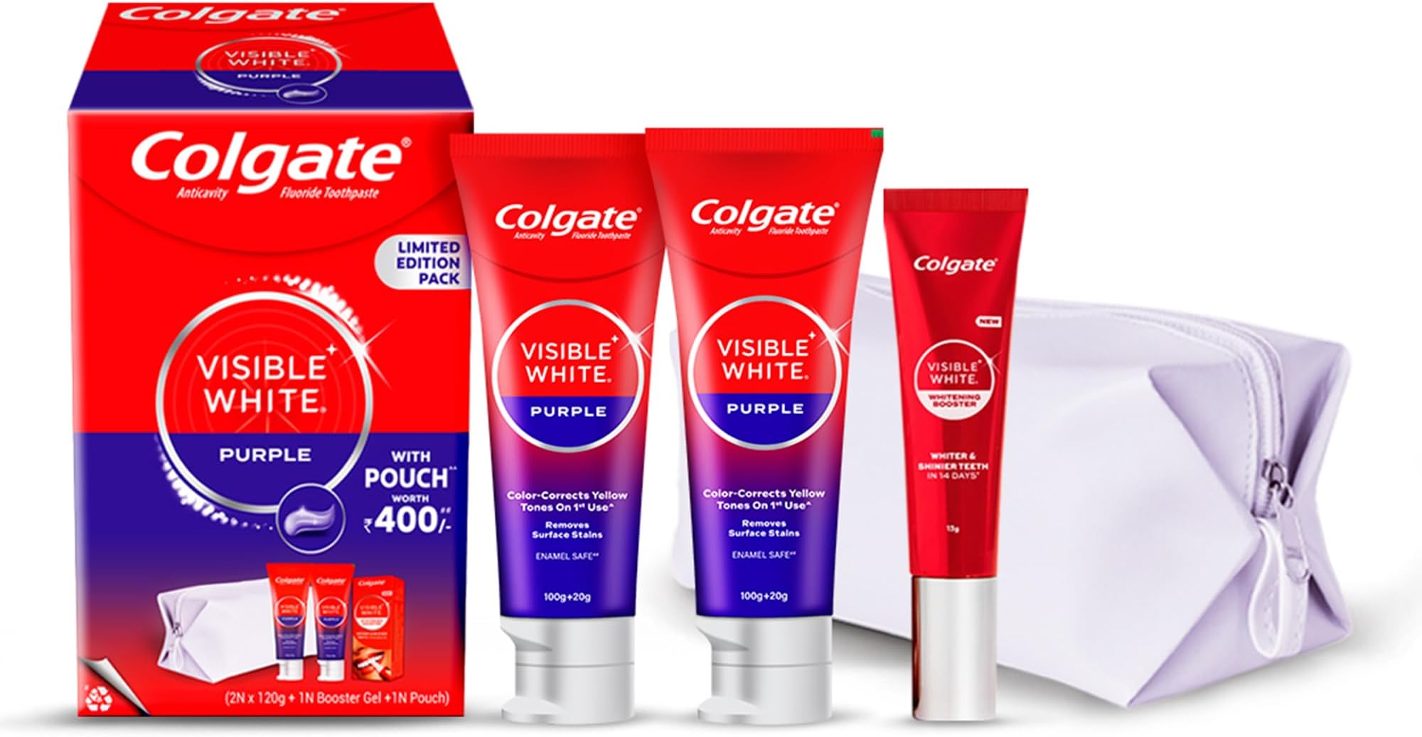 Colgate Visible White Purple Toothpaste for Teeth Whitening 240g and Visible White Whitening Booster Gel 13g with Pouch