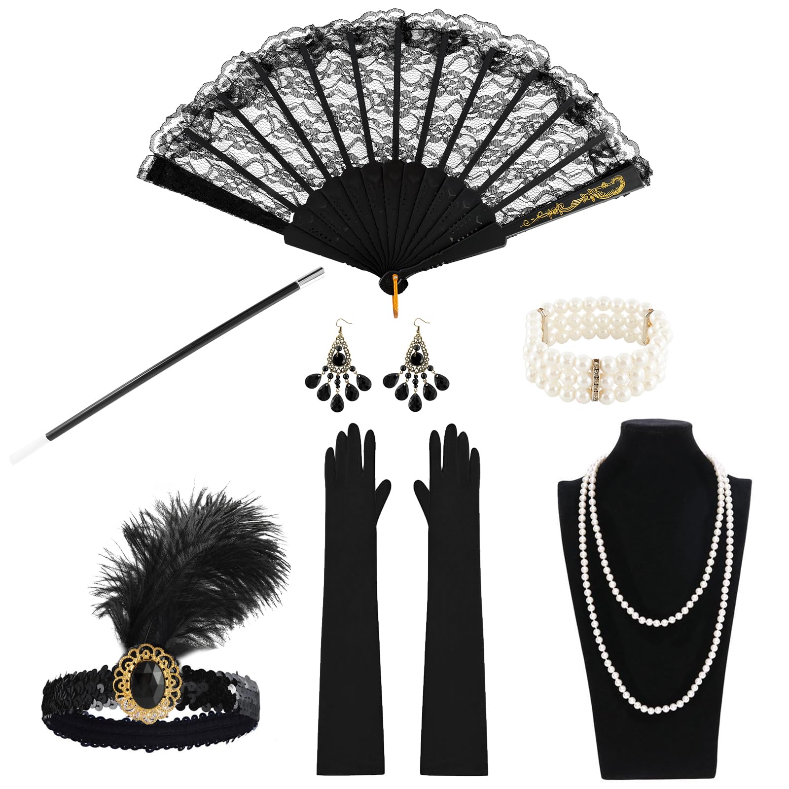 VINEST 7 Pieces Vintage 1920s Dresses Accessories for Women, 1920s Flapper Dress Accessories with Headband, Great Gatsby Dress-up Props Women for Halloween Masquerade Carnival Christmas
