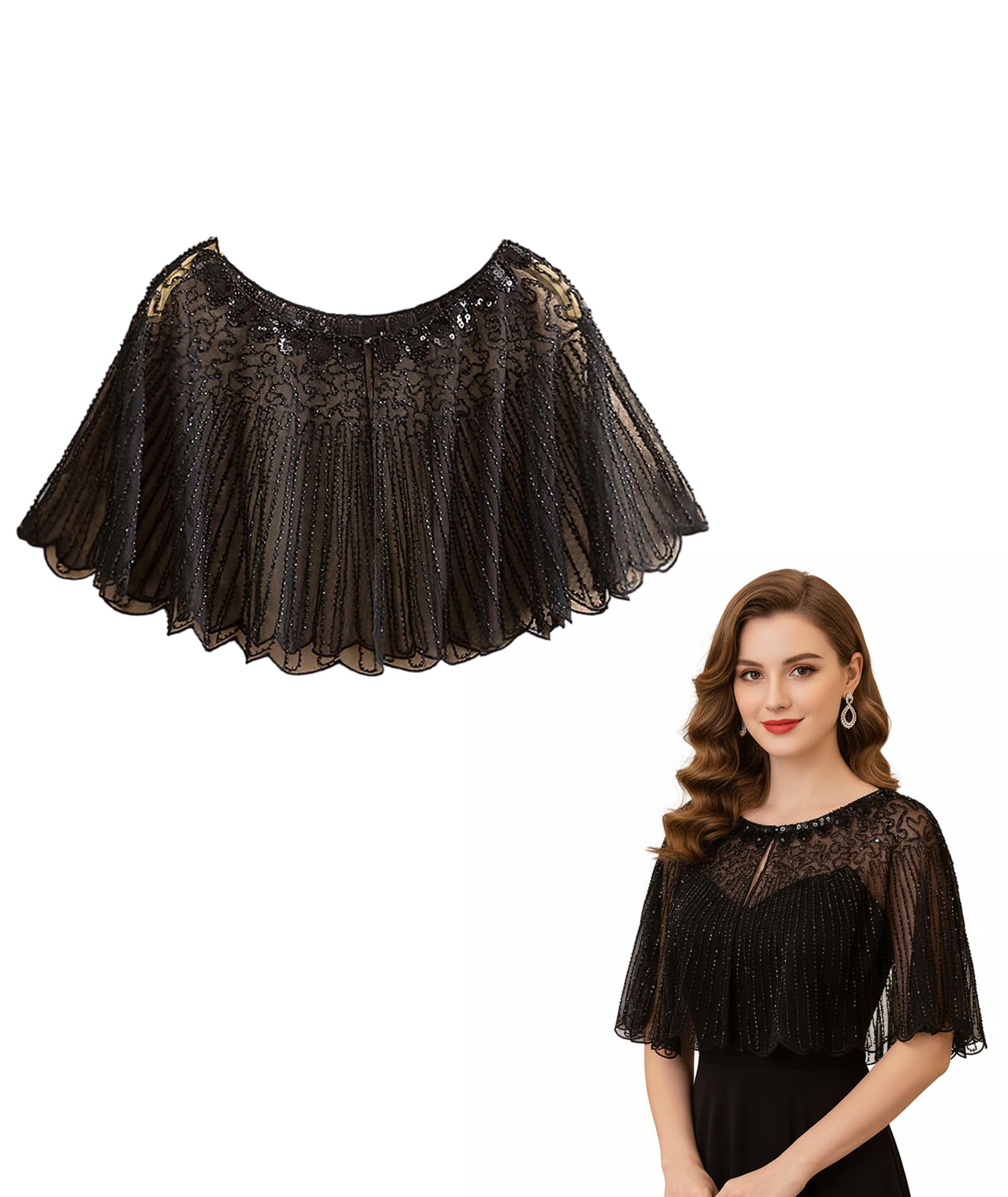 1 Piece Stylish Capes for Women, Lace Cape with Sequin Details, Elegant Shrug for Weddings, Parties, and Evening Events, Perfect for Off Shoulder Dresses (Black)