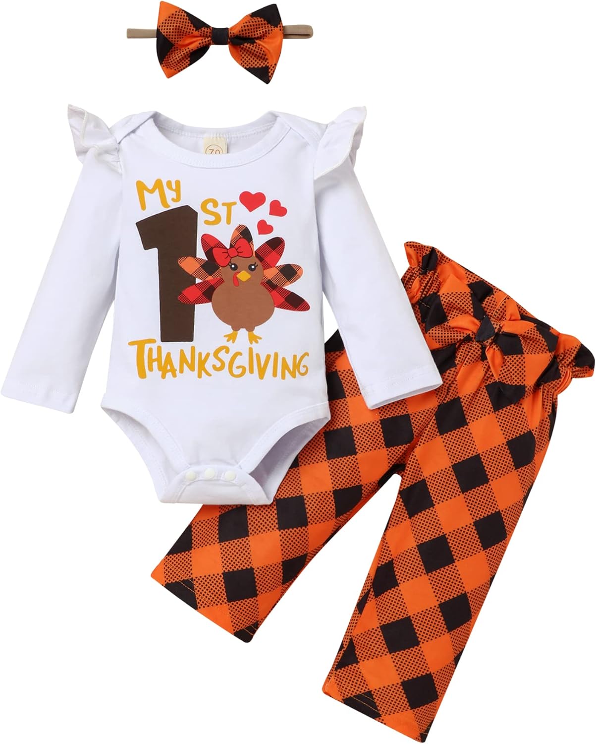 TUEMOS Thanksgiving Outfits Baby Girl My First Thanksgiving Romper+Polka Dot Pant+Headband Baby Girl Thanksgiving Clothes Set