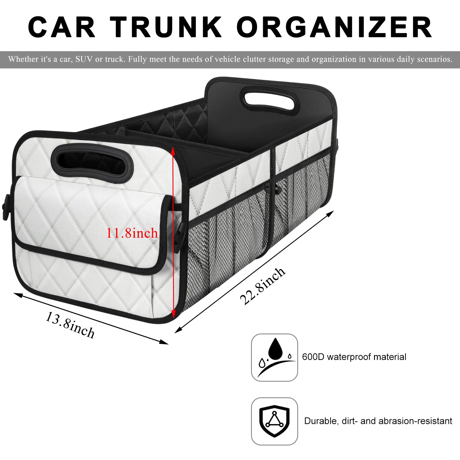 Kofferraum-Organizer, faltbare Auto-Aufbewahrungsbox mit mehreren Taschen, wasserdichter Oxford-Cargo-Organizer mit verstärkten Griffen, universelles Autozubehör für Männer und Frauen (weiß)
