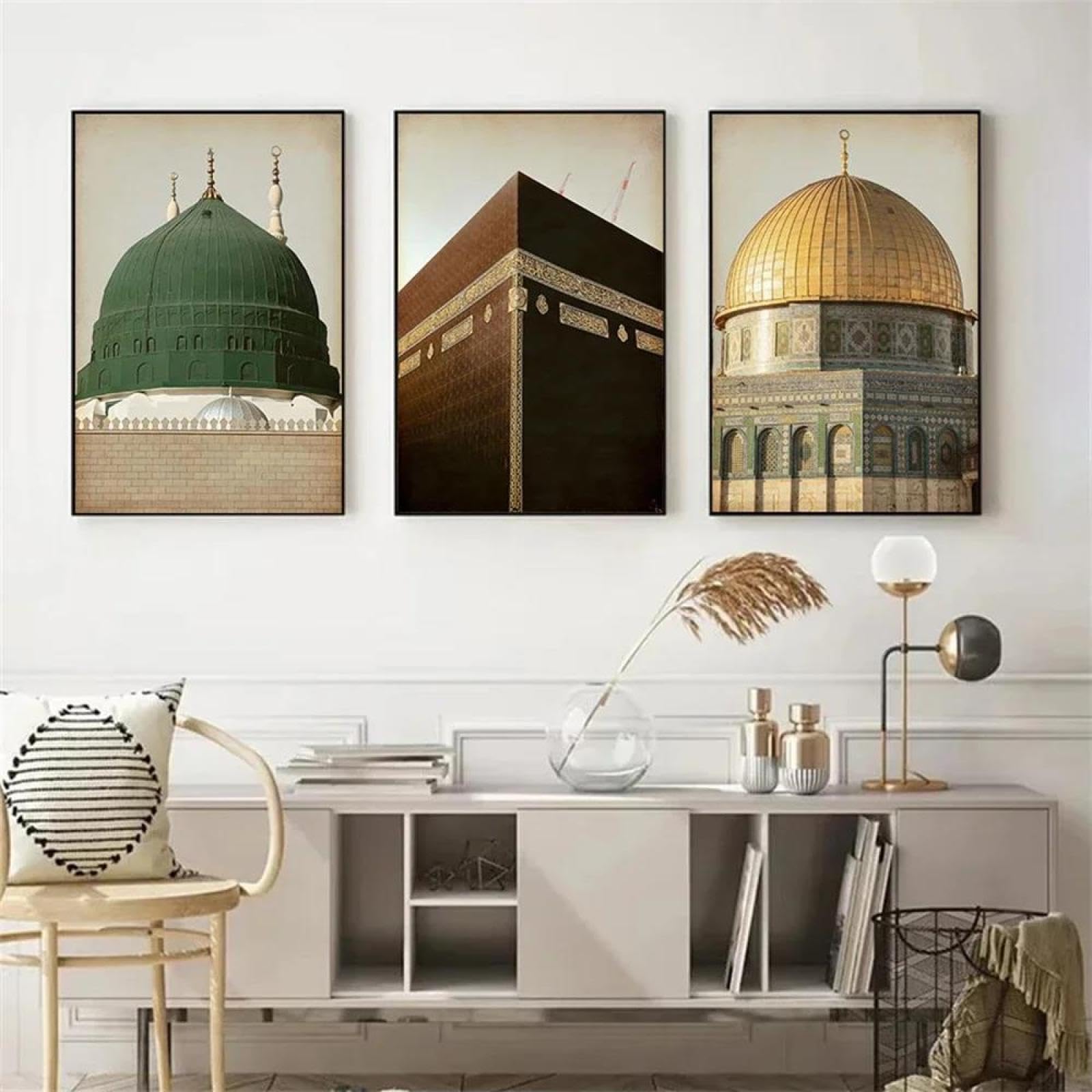 Baibexing Mecca Jerusalem Masjid Al Aqsa Islamic Poster Mosque Dome Rock Temple Wall Art Canvas Painting Print Picture Living Room Decor 60X80Cmx3Pcs Unframed