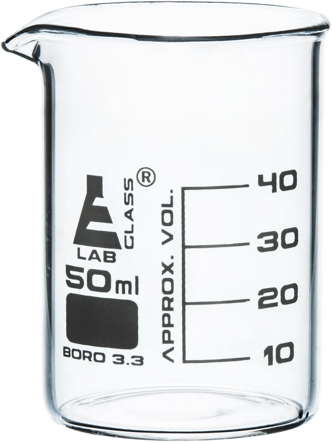EISCO - Beaker - 50 ml, Low Form, Borosilicate Glass 3.3, graduated as per DIN 12231, ISO 3819 - Pack of 12