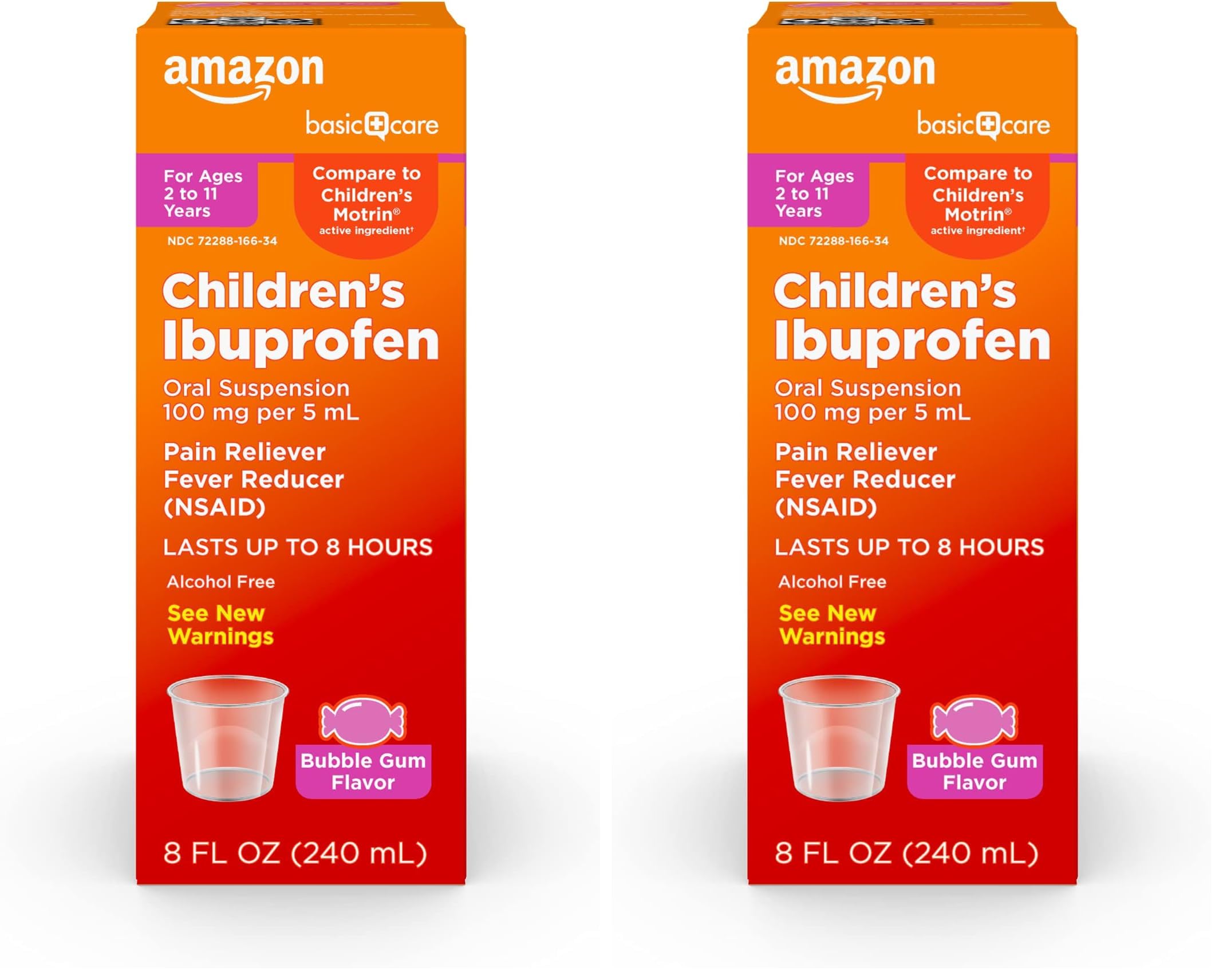Amazon Basic Care Children's Ibuprofen Oral Suspension 100 mg per 5 mL, Pain Reliever and Fever Reducer (NSAID), Bubblegum, for Minor Aches and Pains, Headache Relief and More, 8 fl oz (Pack of 2)