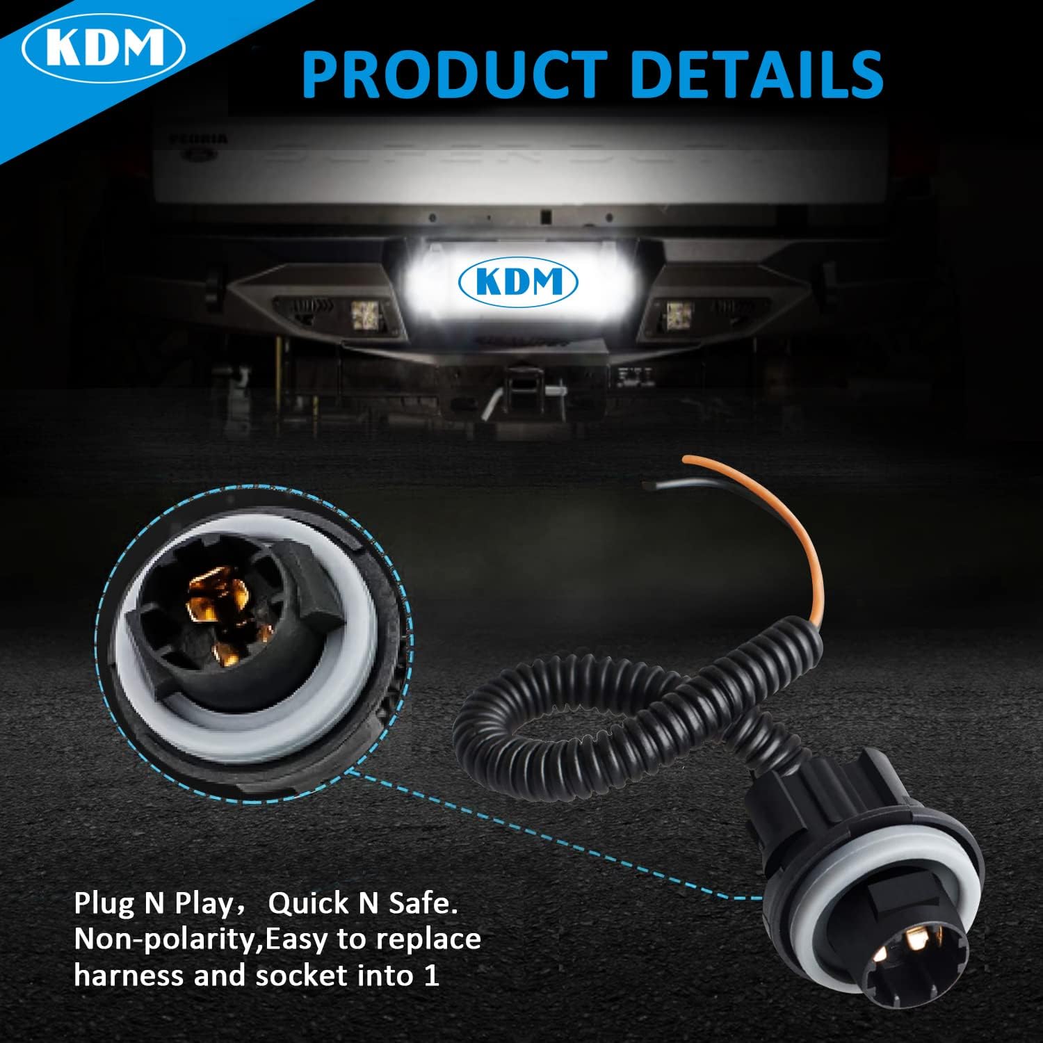 KDM LED License Plate Light Connector Socket Wiring Receptacle Harness Assembly Fit for Chevy Silverado Sierra Avalanche Suburban Escalade Yukon GMC Ca-dillac，Black Housing Rear Tag Light 6000K White
