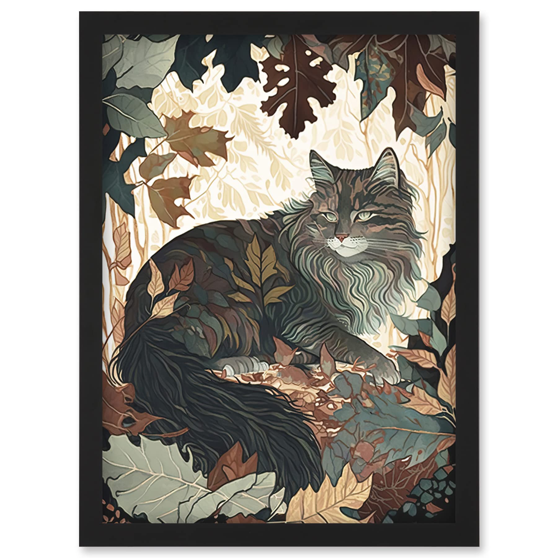 Artery8 Norwegian Forest Cat Resting Under Bush Trees Modern Illustration Artwork Framed Wall Art Print A4