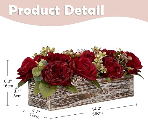 Miniatura 2 de Arreglo floral con jarrón de madera de 14" - Flores artificiales en maceta - Flores falsas, rosas, peonías, hortensias en jarrón de madera - Centros