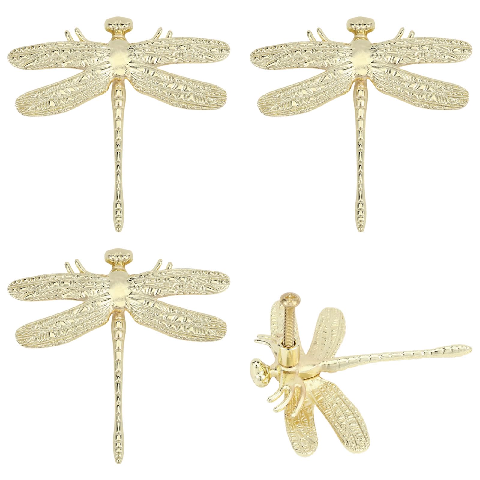 CONCHLERY 4Pcs Brass Dragonfly Cabinet Knobs Decorative Door Knobs for Cabinet Dresser 3.1x3.1x0.8In Golden