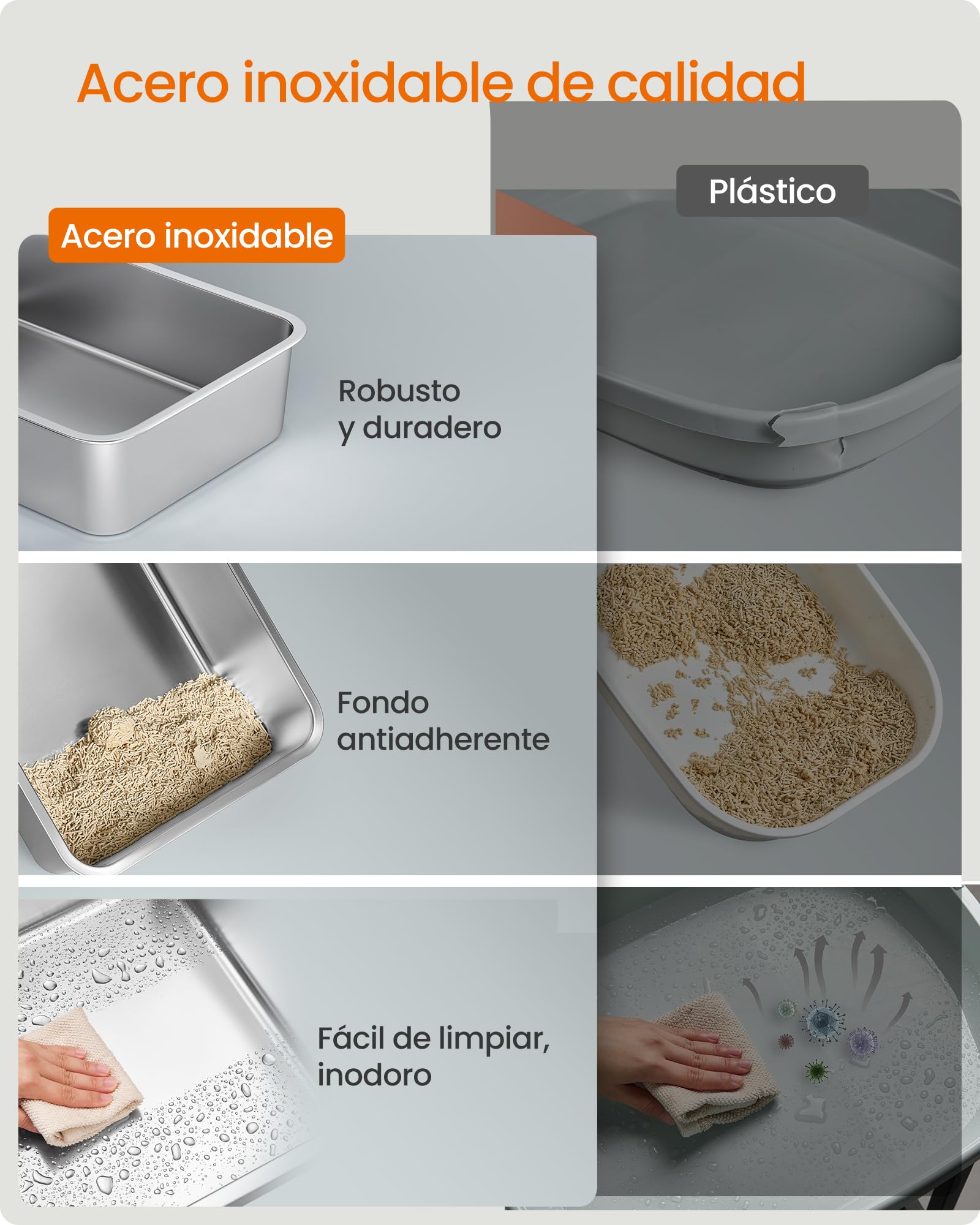 Feandrea Arenero para Gatos de Acero Inoxidable, Caja de Arena Cerrada con Tapa Abatible y Entrada Doble, Control de Olores, 61 x 40 x 36,5 cm, Gris, Colección Boxal PPT005G201