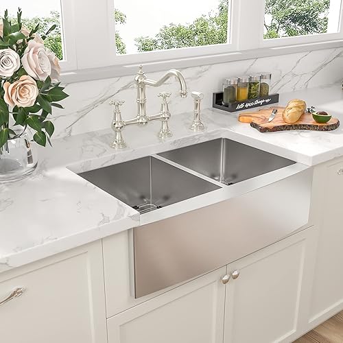 Miniatura 2 de Sarlai - Fregadero doble 33 estilo casa de campo de 33 pulgadas, fregadero de cocina de 33 pulgadas, acero inoxidable 6040, calibre 16, esquina