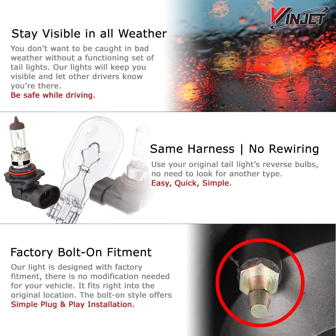 Image showing a close-up of a vehicle's tail light mounting bolt, and two types of light bulbs, illustrating the bolt-on fitment and harness compatibility.
