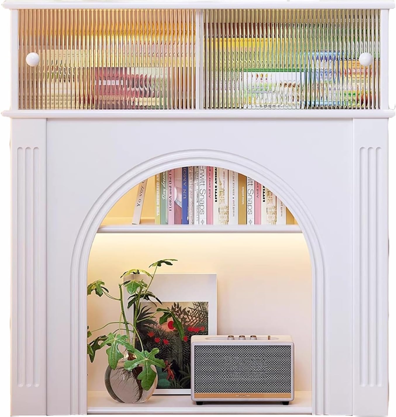 Pearl Mantels Arched Fireplace Cabinet with Ribbed Glass Doors Vintage Decorative Storage Fireplace Mantel Surround(Natural)