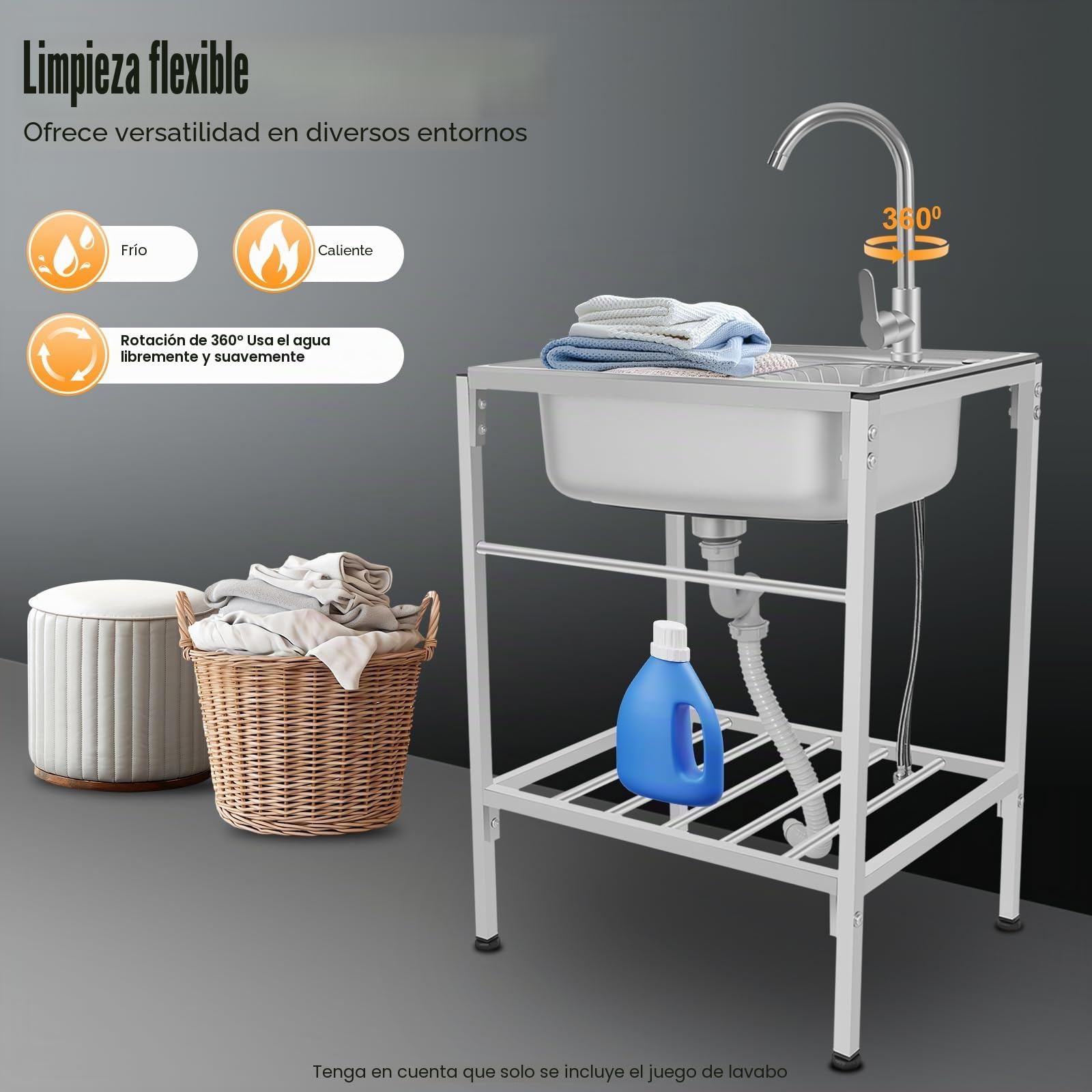 Fregadero de cocina, fregadero independiente, fregadero inox, con grifo caliente y frío, cesta de drenaje, drenaje, soporte ajustable, lavabo, 60 x 45 x 75 cm para cocina, taller, exterior
