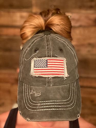Miniatura 6 de Sombrero de cola de caballo desgastado para mujer, diseño de bandera americana, gorra de cola de caballo alta