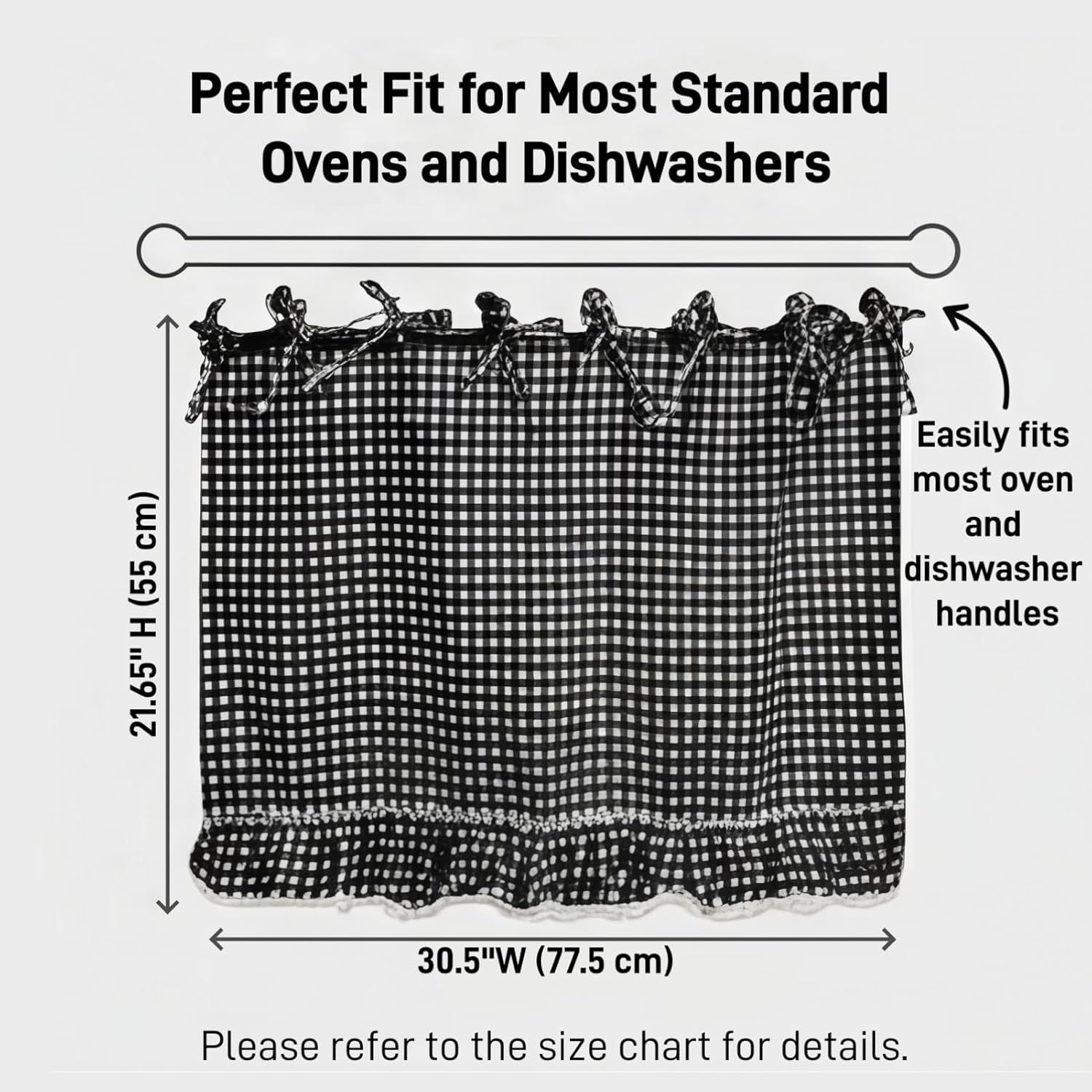 Black Gingham Oven Skirt & Oven Curtain – Dishwasher Safe Cotton Blend Stove Cover with Lace Trim & 8 Ribbon Ties, Farmhouse Kitchen Decor