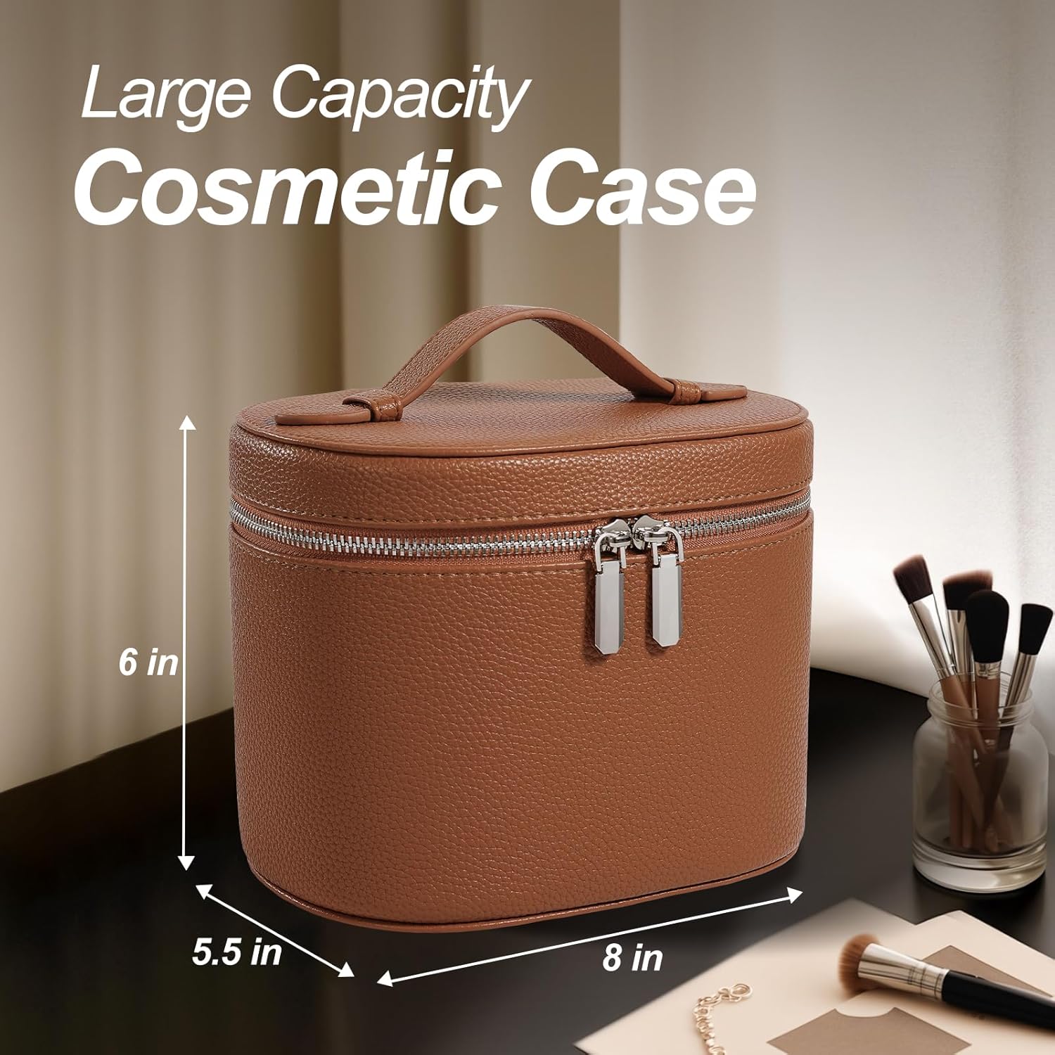 idoltimes Cosmetic Case, Leather Makeup Bag, Portable Handheld Makeup Case, Detachable Compartments - Image 2