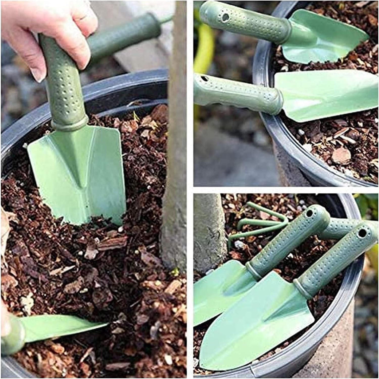 Attrezzi da Giardinaggio in ghisa, Set di Attrezzi da Giardino Verdi in Acciaio Inossidabile PP, Confezione da 3 Attrezzi for fiorire cazzuola, forchetta e Vaso