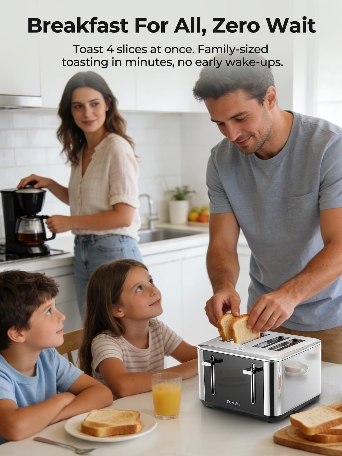 Toaster 4 Scheiben, 1600W Intelligente Edelstahl Toaster, 6 Farbeinstellungen, Voll Touchscreen Bedienung, Extra breiter 1.57 Zoll Schlitz, mit Digitaler Zeitschaltuhr, Krümelschublade, Silber