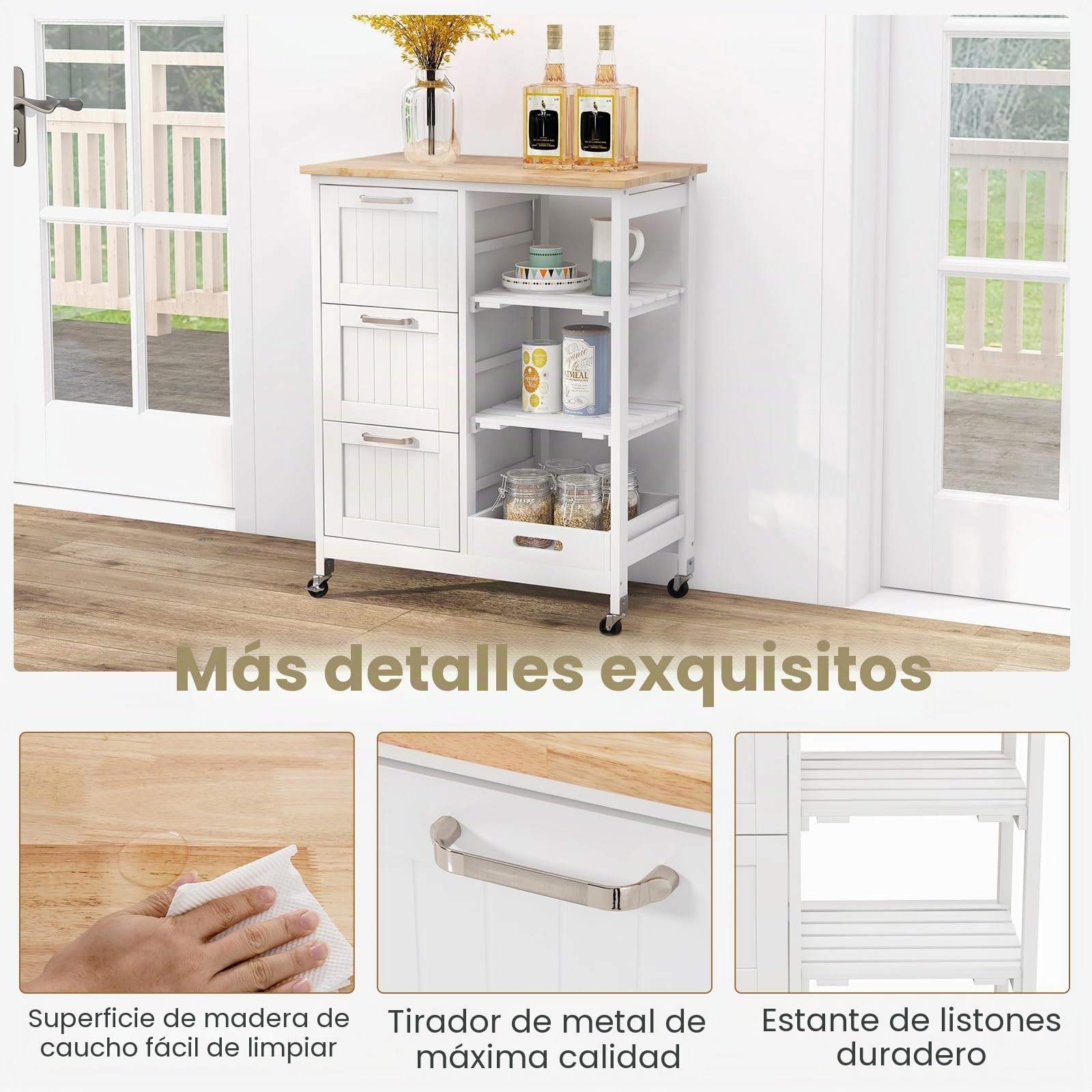 GIANTEX Carro de Cocina con 4 Ruedas, 3 Cajones, 3 Estantes Abiertos y Tapa de Madera de Caucho, Isla de Cocina Móvil con Bandeja Desmontable, 67 x 37 x 83,5 cm (Blanco)