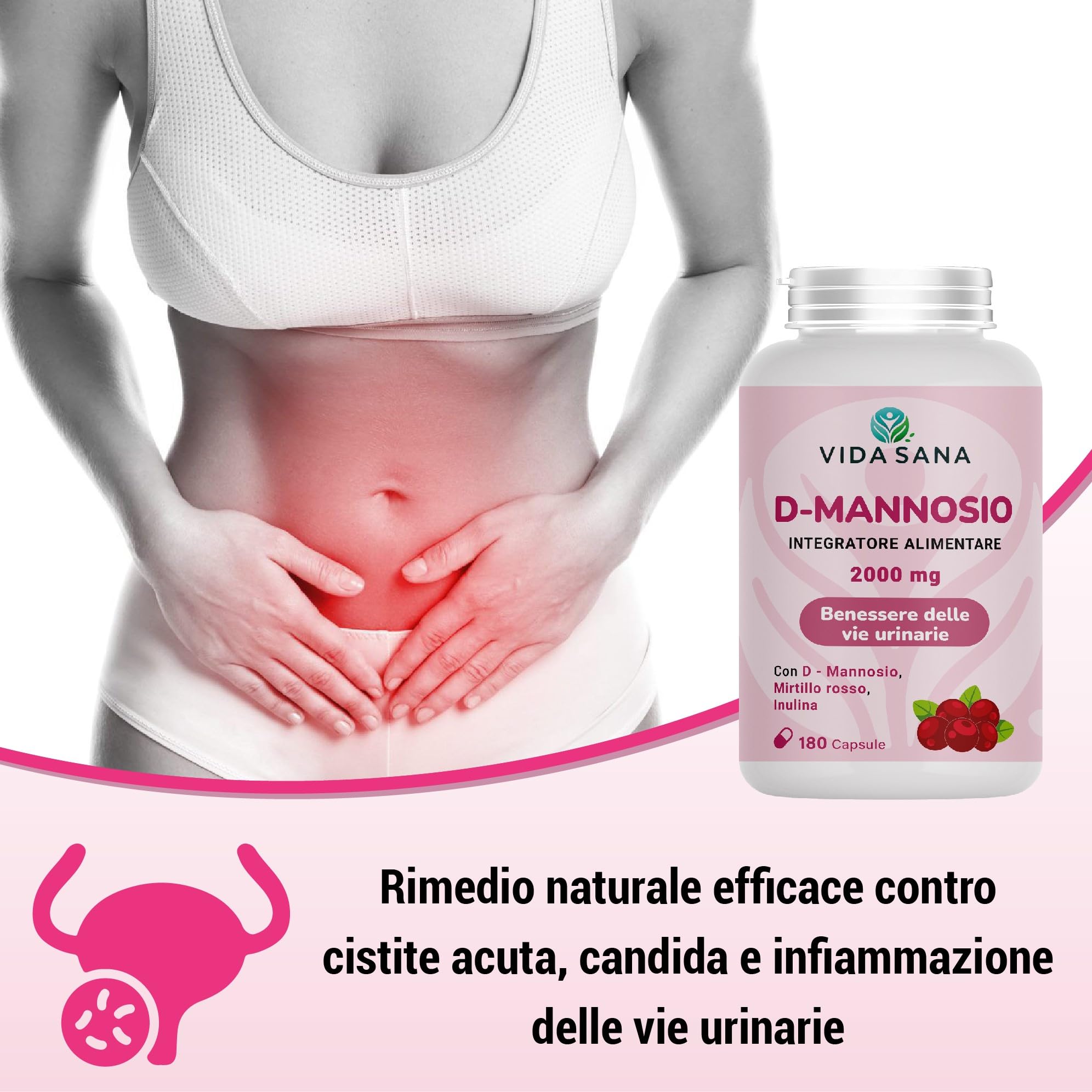 D-Mannosio Puro 2200 mg con Mirtillo Rosso – 180 Capsule | Integratore Donna e uomo per Vie Urinarie e Cistite | Supporto contro Candida e Infezioni Urinarie