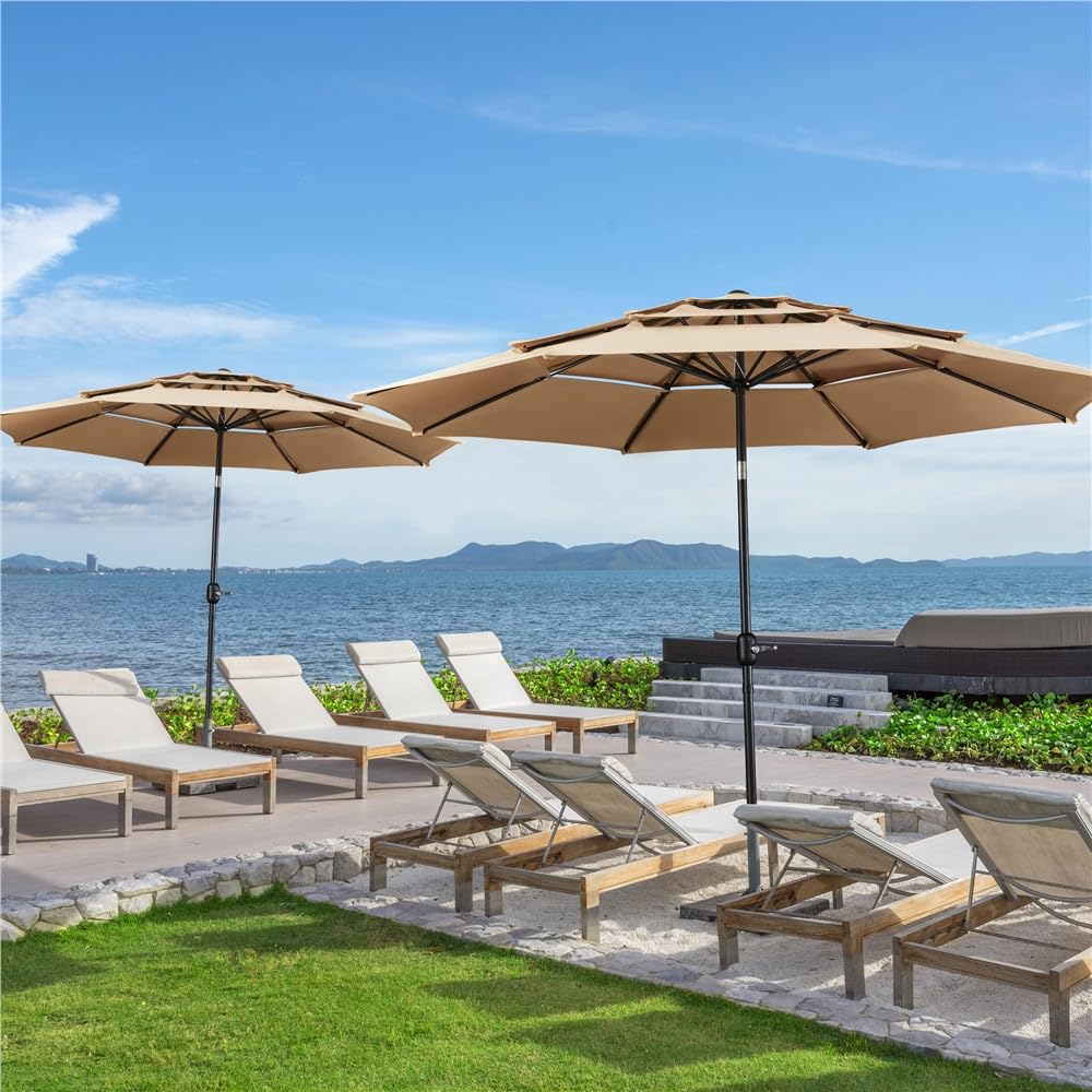 Yaheetech Parasol de Jardin Extérieur 324 cm 3 Niveaux 8 Baleines avec Bouton-poussoir Parasol Inclinable en Polyester avec Protection UV pour Terrasse Jardin Patio Plage Piscine Kaki