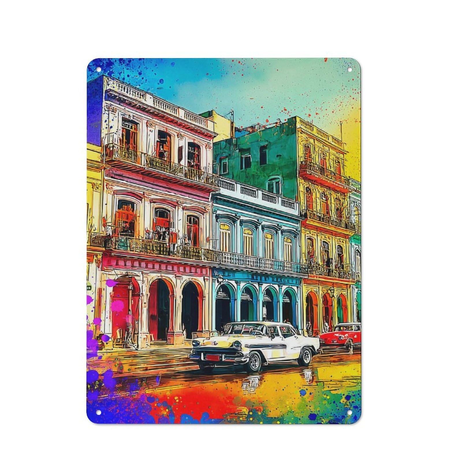 Junmoney Colorful Cuban Street Scene Nostalgic Metal Wall Sign 40X30cm, Classic Pub Decor For Bar, Kitchen, Garage Or Games Room