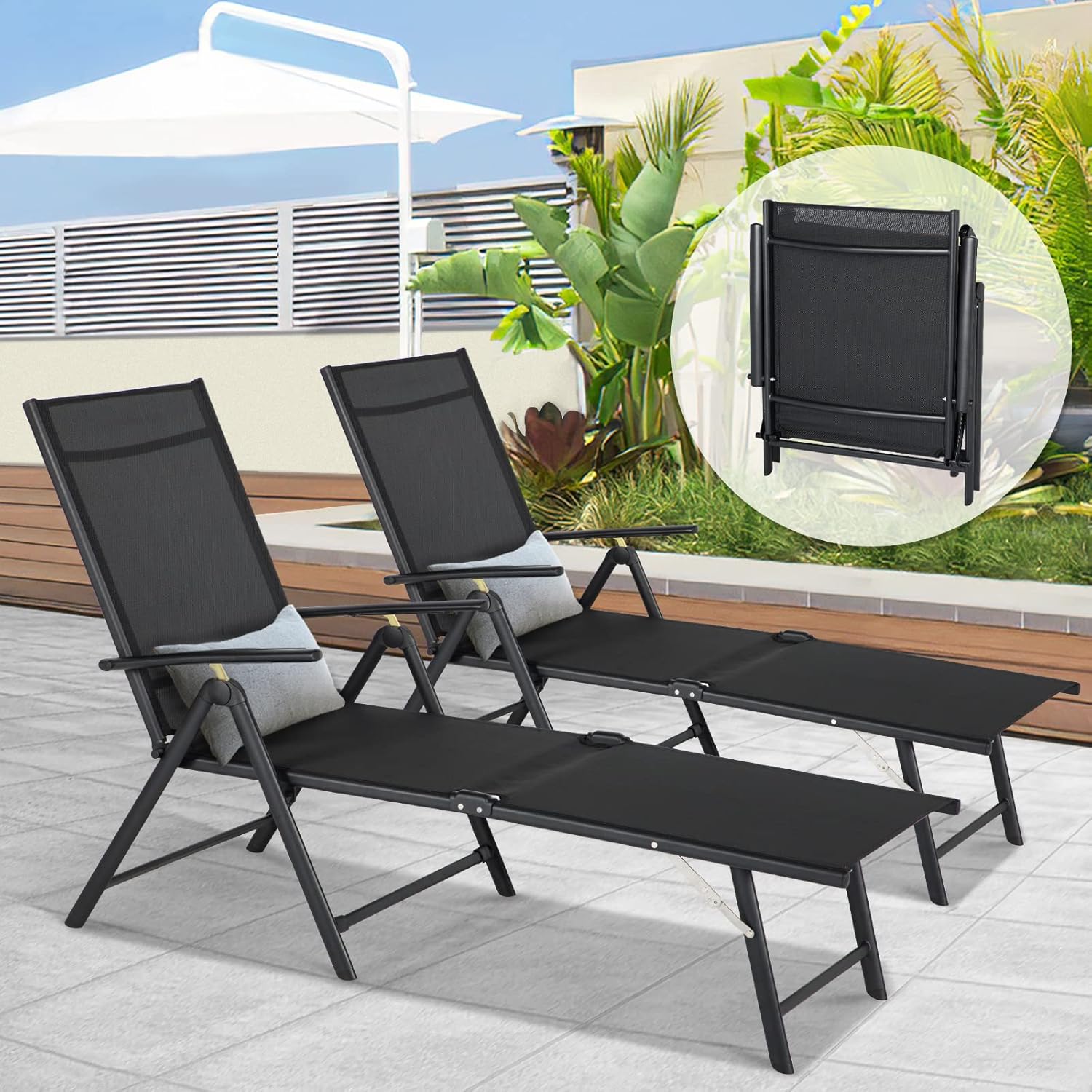Esright Outdoor Chaise Lounge Set of 2, Adjustable Reclining Folding Pool Lounger for Poolside, Outside/370lb Weight Capacity, Grey