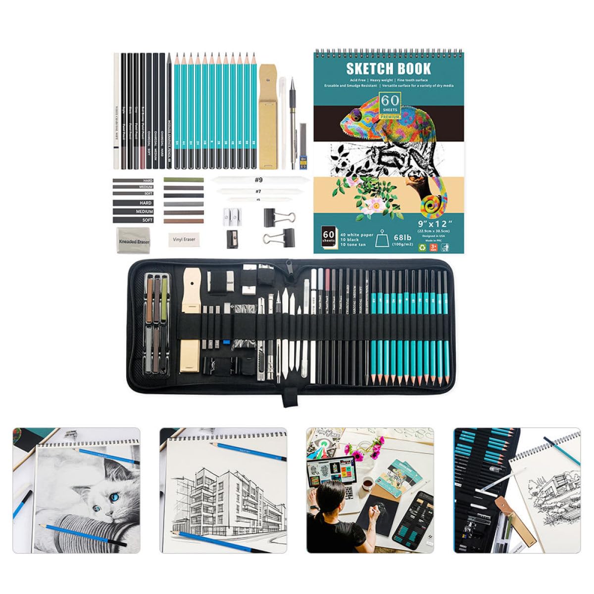 VILLCASE Set di Matite da Disegno per Schizzi Carboncino, Kit Portatile in Legno e Metallo per Studenti e Appassionati di Arte Tecnica