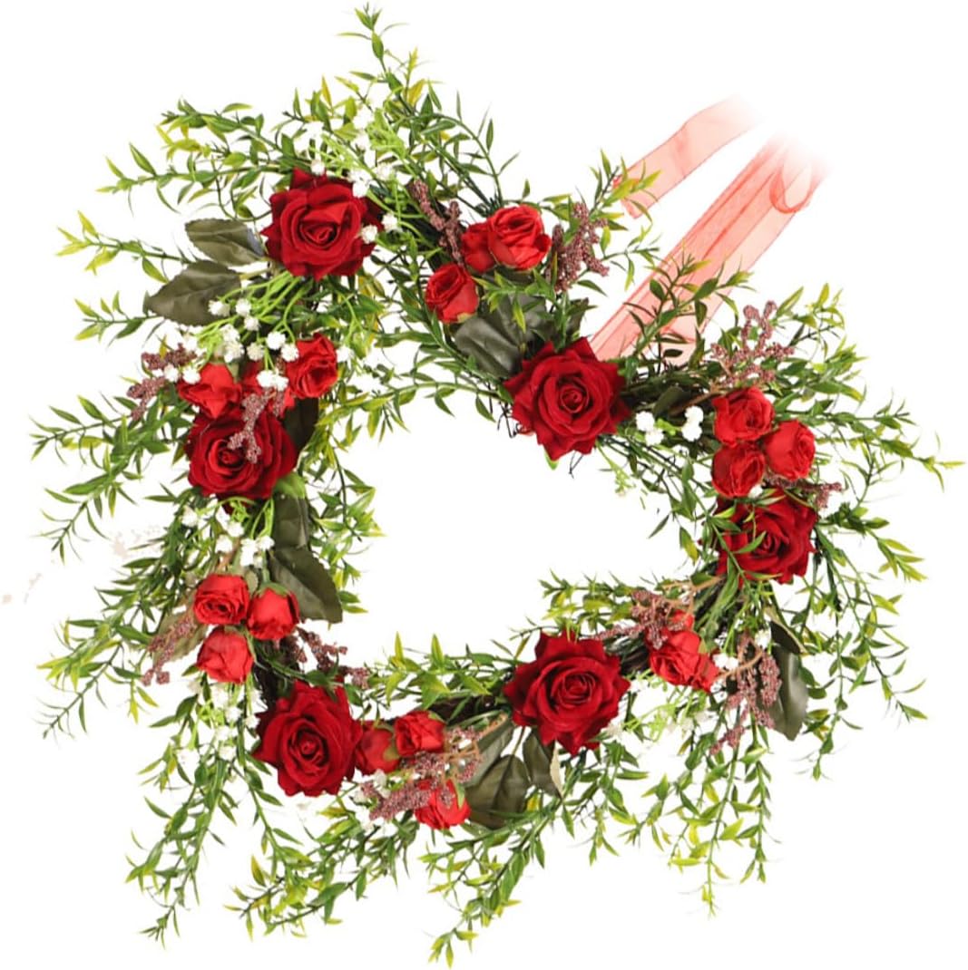 Uonlytech Heart-Shaped Glowing Rose Wreath with LED Lights, Faux Rose Garland Door Hanging Decor for Valentine's Day, Romantic Porch and Wall Luminous Ornament, Battery Not Included