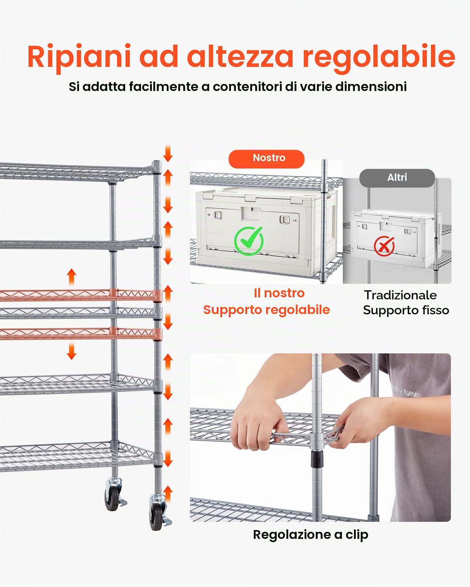 VEVOR Scaffale per Carichi Pesanti Portaoggetti con ruote a 5 Ripiani, 16 Contenitori Portaoggetti, Sistema di Scaffalature in Filo d'Acciaio, per Garage, Magazzino, Ufficio, Ristorante, Aula, Cucina