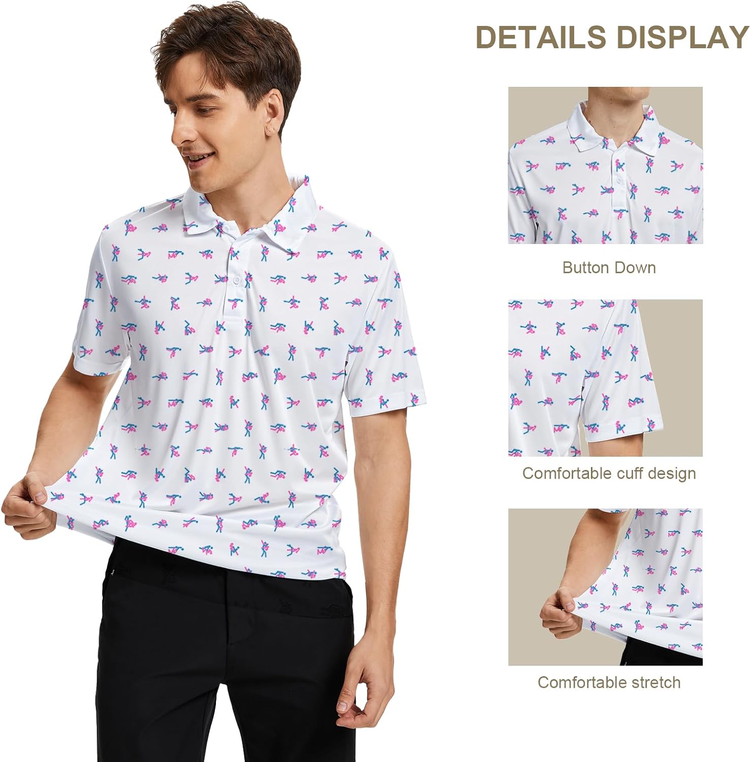 Funny Print Golf Shirts for Men Lightweight Dry-Fit Hawaiian Style Casual Polo with Stretch Fabric for Outdoor & Sports