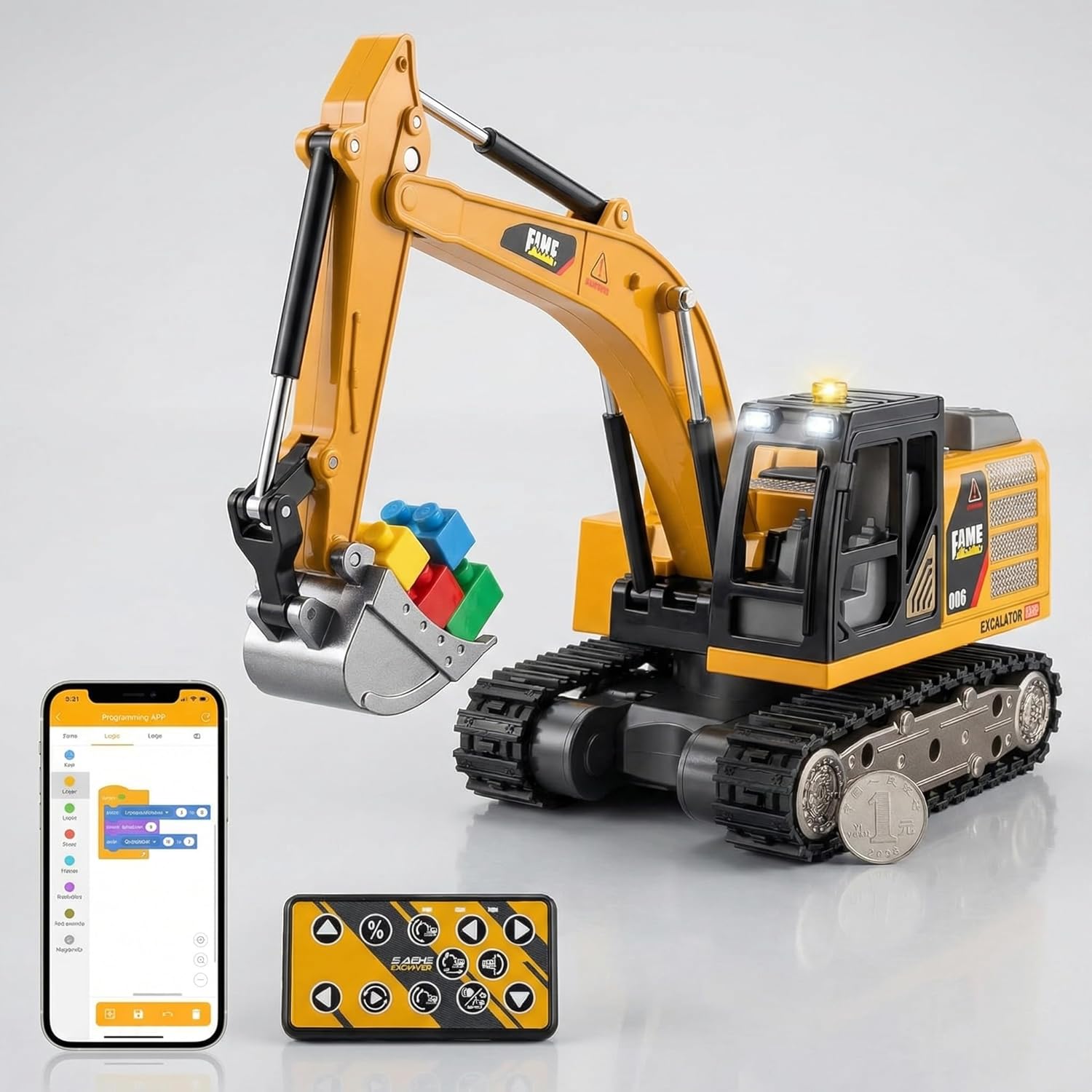 Mini Remote Control Excavator,1:64 Alloy Remote Control Construction Vehicle with App Control & Programming, 270° Rotation Tractor with Lights & Sounds, Outdoor Sandbox Toys Gifts for Boys Kids