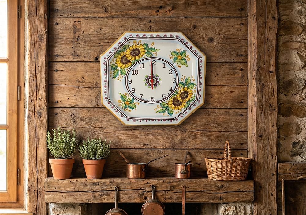 Reloj de cerámica siciliana amarillo y verde Santo Stefano de Camastra decoración girasol Art 24