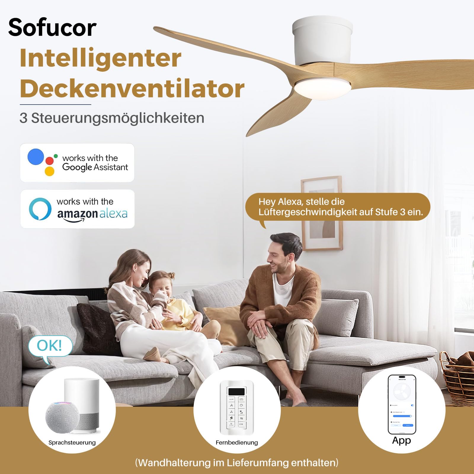 Sofucor Smart Deckenventilator mit Beleuchtung,132cm Leise Deckenventilator mit Licht, Alexa/APP, Fernbedienung, WLAN, 3 Farbtemperatur, DC, Timer, 6 Geschwindigkeiten für Schlafzimme