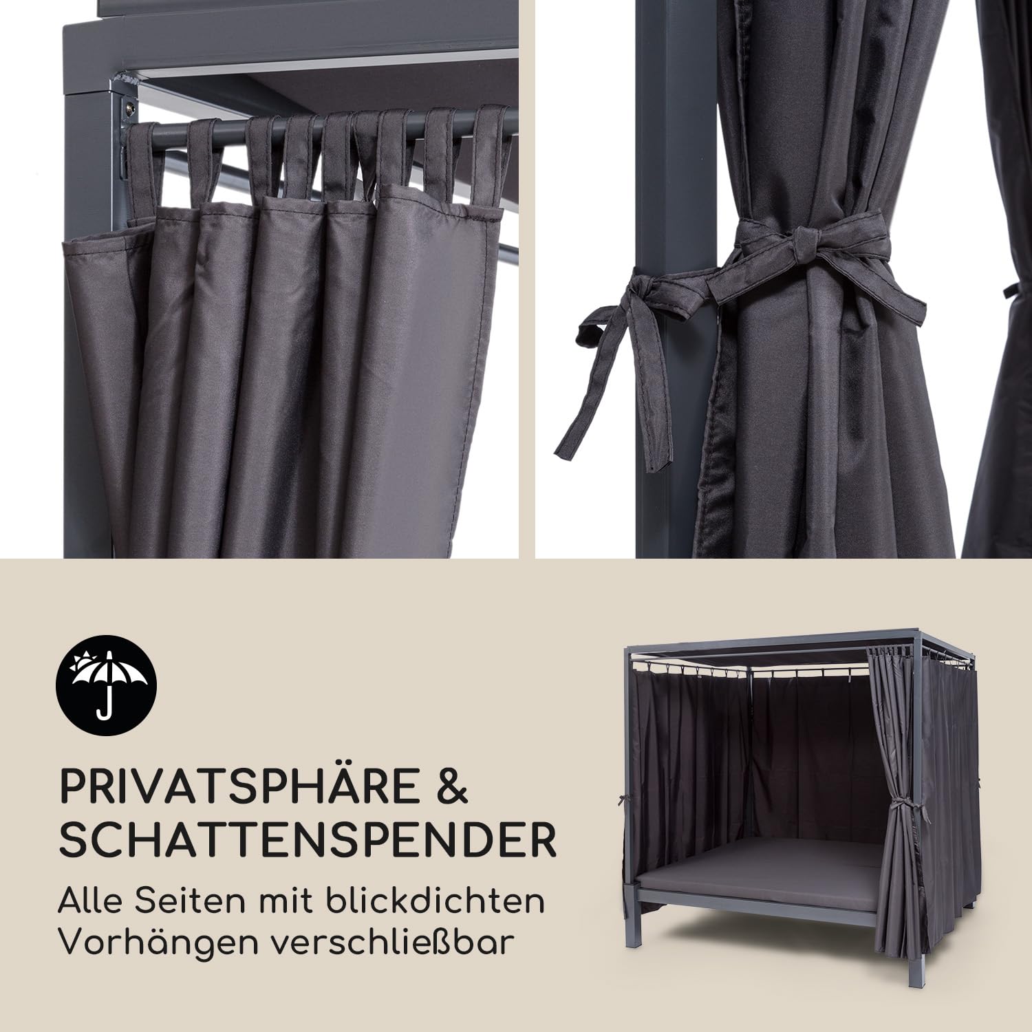 blumfeldt Senator Lounge - Doppel-Gartenliege mit Sonnendach, Lounge-Pavillon, 188 x 208 x 205 cm, komfortable Polsterung, Sichtschutz-Vorhänge, wasserfest, Stahlrahmen, max. 350 kg, grau