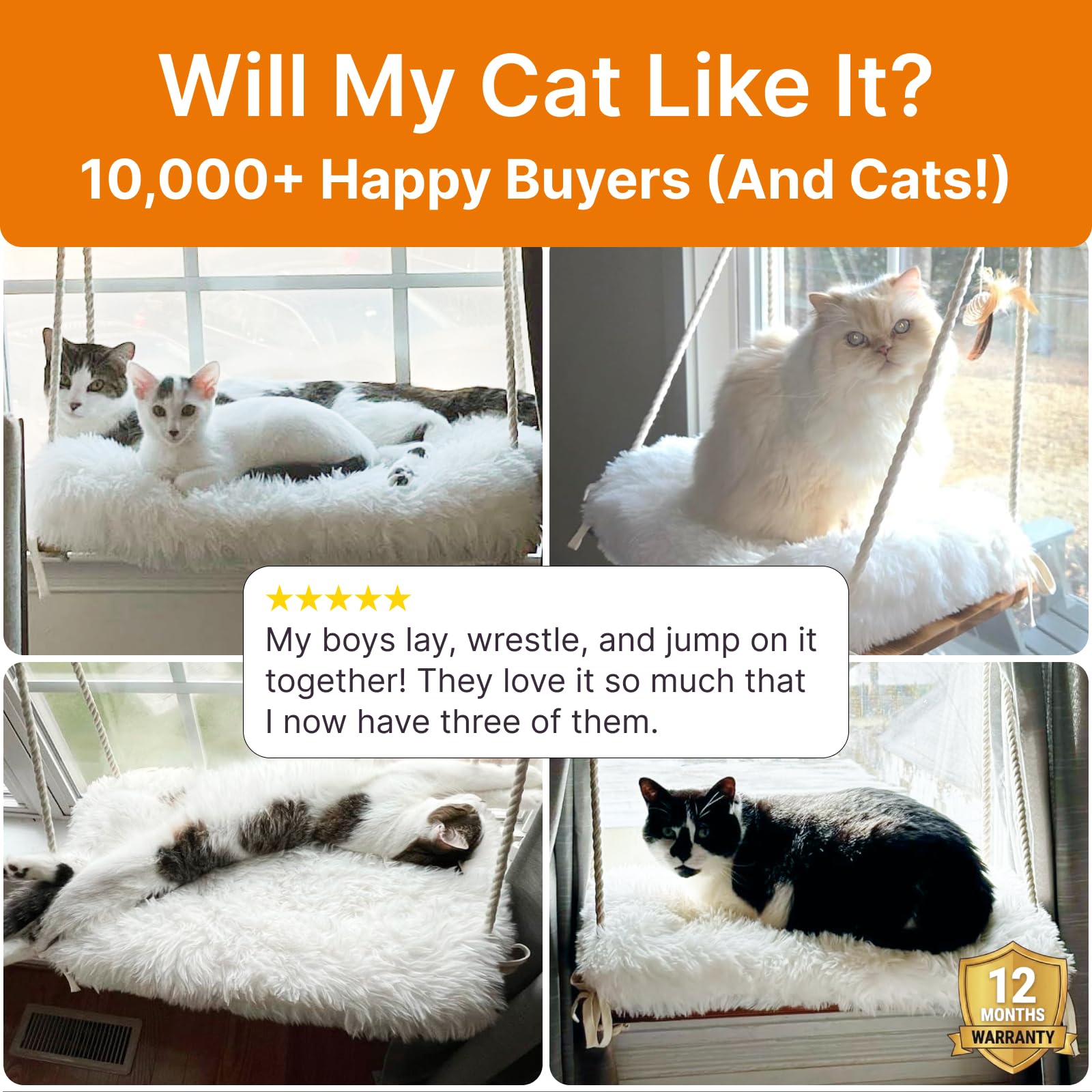 Percha de Ventana para Gatos Grandes, Hamaca para Gatos Pesados de Interior, Asiento de Madera Maciza, 5 ventosas Fuertes, cojín Suave, Estante rústico para Mascotas en el Interior