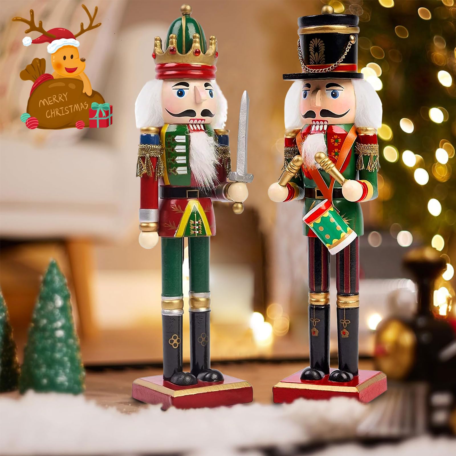 Purpledi 2 Pezzi Schiaccianoci di Natale, 30cm, Schiaccianoci Natalizi Soldatino Tradizionale in Legno Fatto a Mano, Decorazioni Ideali per Albero di Natale