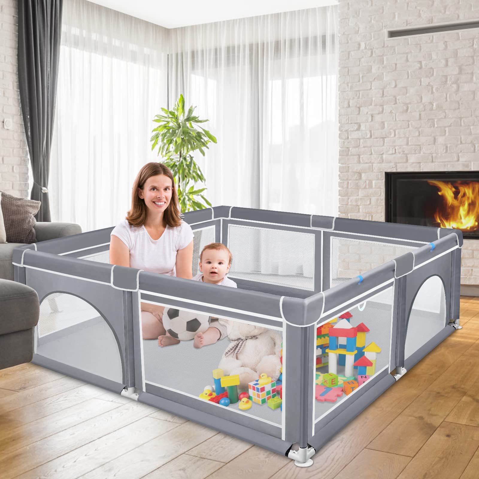 Froadp 200x180x68cm Box per Bambini con Base Antiscivolo e Rete Traspirante, Ampio Parco Giochi di Sicurezza Impermeabile in Tessuto Oxford, Centro di Attività Sicuri per Interni ed Esterni (Grigio)