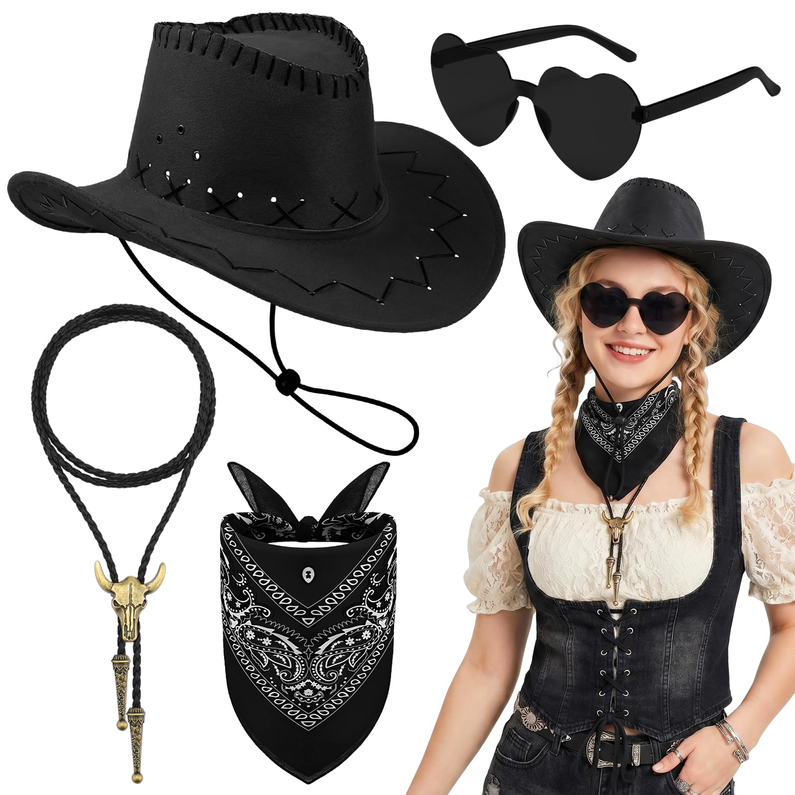 4Pcs Western Cowboy Hat Set for Adult, Unisex Cowboy Dress Up Kit with Wide Brim Hat Paisley Bandanna Heart Shape Sunglasses Necklace for Country Music Festivals Carnival Theme Parties (black-2) — image 1