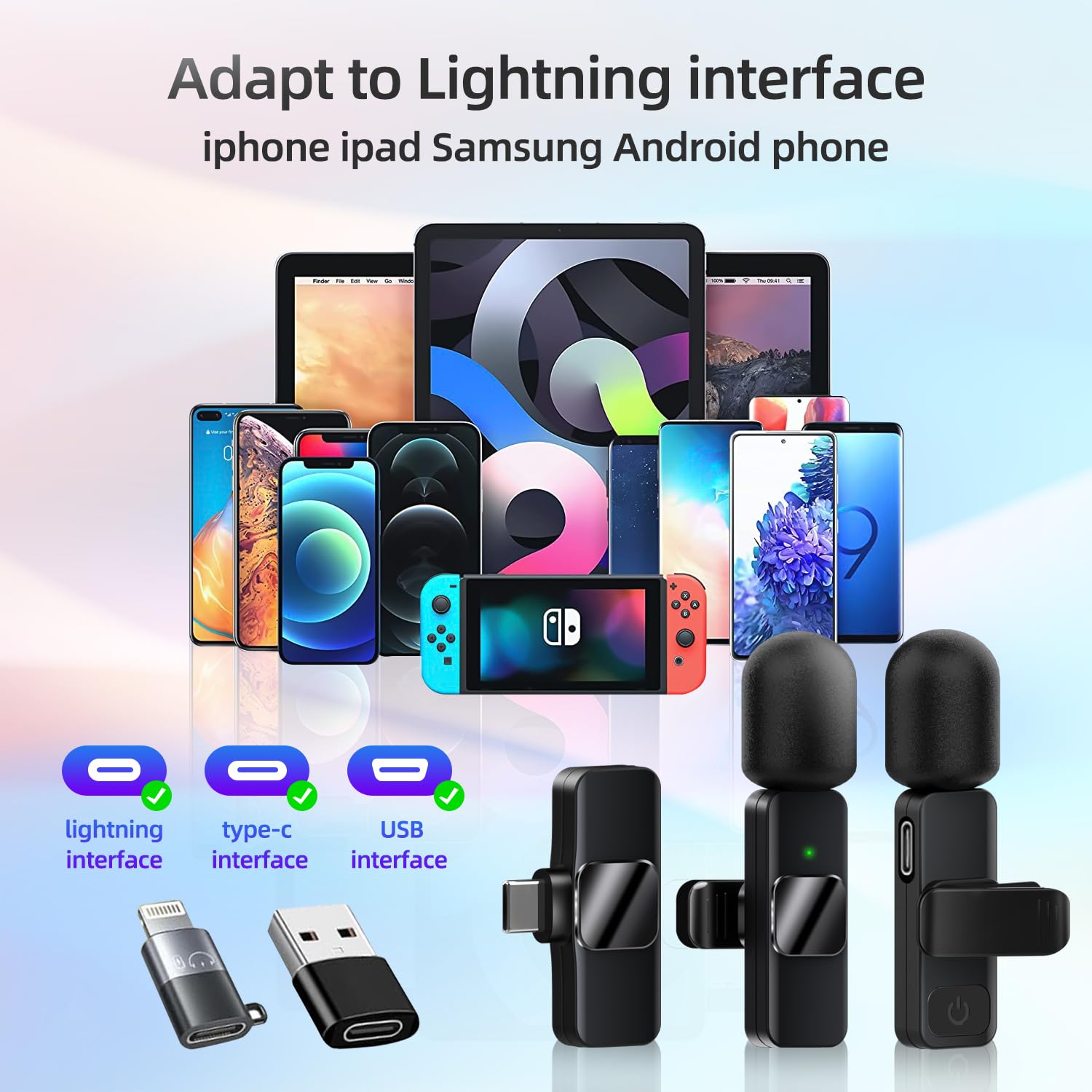 Lot de 2 microphones cravate sans fil 3 en 1, plug-play professionnel, réduction du bruit, micro à clip pour entretien, YouTube, TikTok, Vlog, mini microphone pour iPhone, équipement USB C
