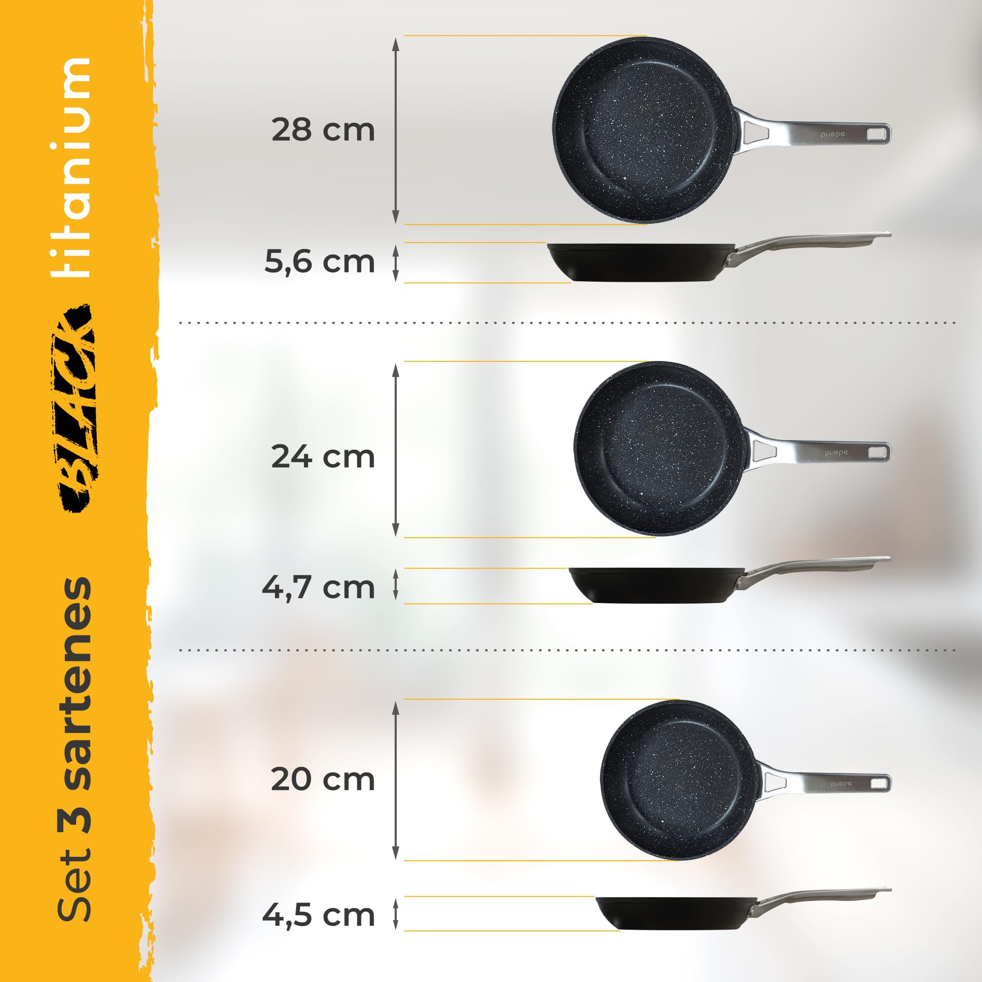 briebe Black Titanium Juego de 3 Sartenes Antiadherentes Inducción Titanio 20-24-28cm, Aluminio Forjado, Recubrimiento sin PFOA, Mango Profesional Acero Inox, Vitrocerámica, Gas, 3 Protectores