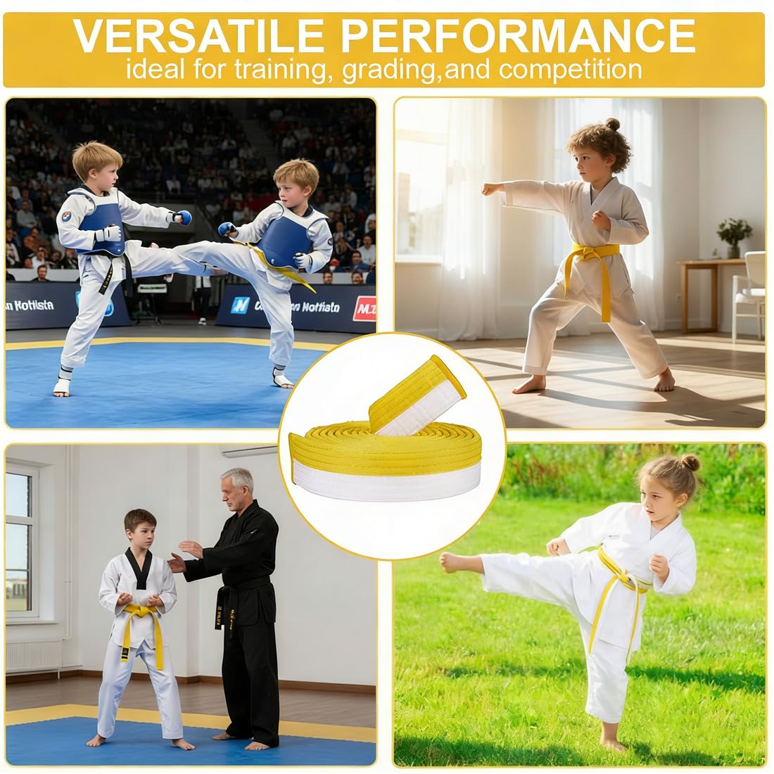 Cinturón de judo de 180 cm,deportes de karate,cinturón profesional de taekwondo y aikido, cinturón de tela gruesa para niños (Amarillo y blanco)