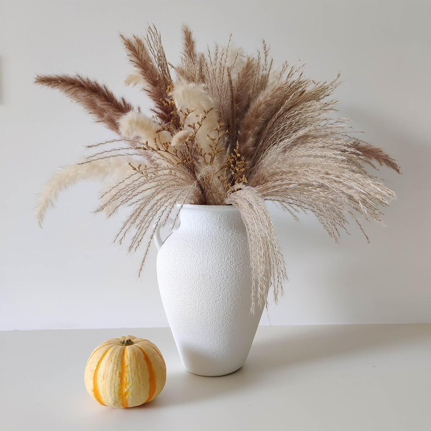 White Ceramic Pottery Barn Vase with Handles - 10" Large Decorative Terracotta Vase for Pampas Grass, Rustic Farmhouse Boho Vases for Home Decor, Living Room, Mantel, Table, Shelf - Image 2