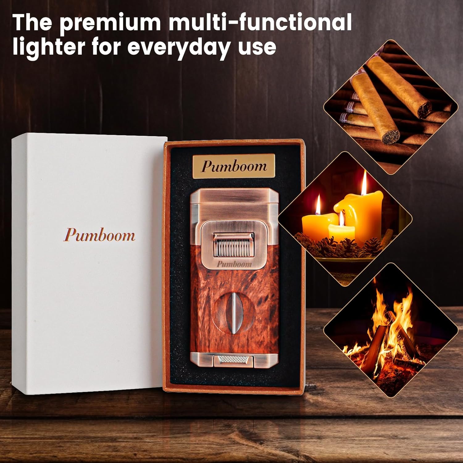 All-in-One Torch Lighter with Built-in Cigar Cutter, Holder, Dual Windproof Jet Flame, Butane Lighter with Gift Box, Cool Lighters for Candle, Smoking, Outdoor Accessories